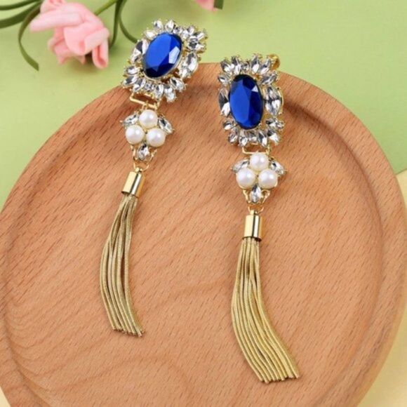 Blue Rhinestone Crystal Pearl Tassel Fringe Gold Clip On Statement Earrings - Picture 10 of 13